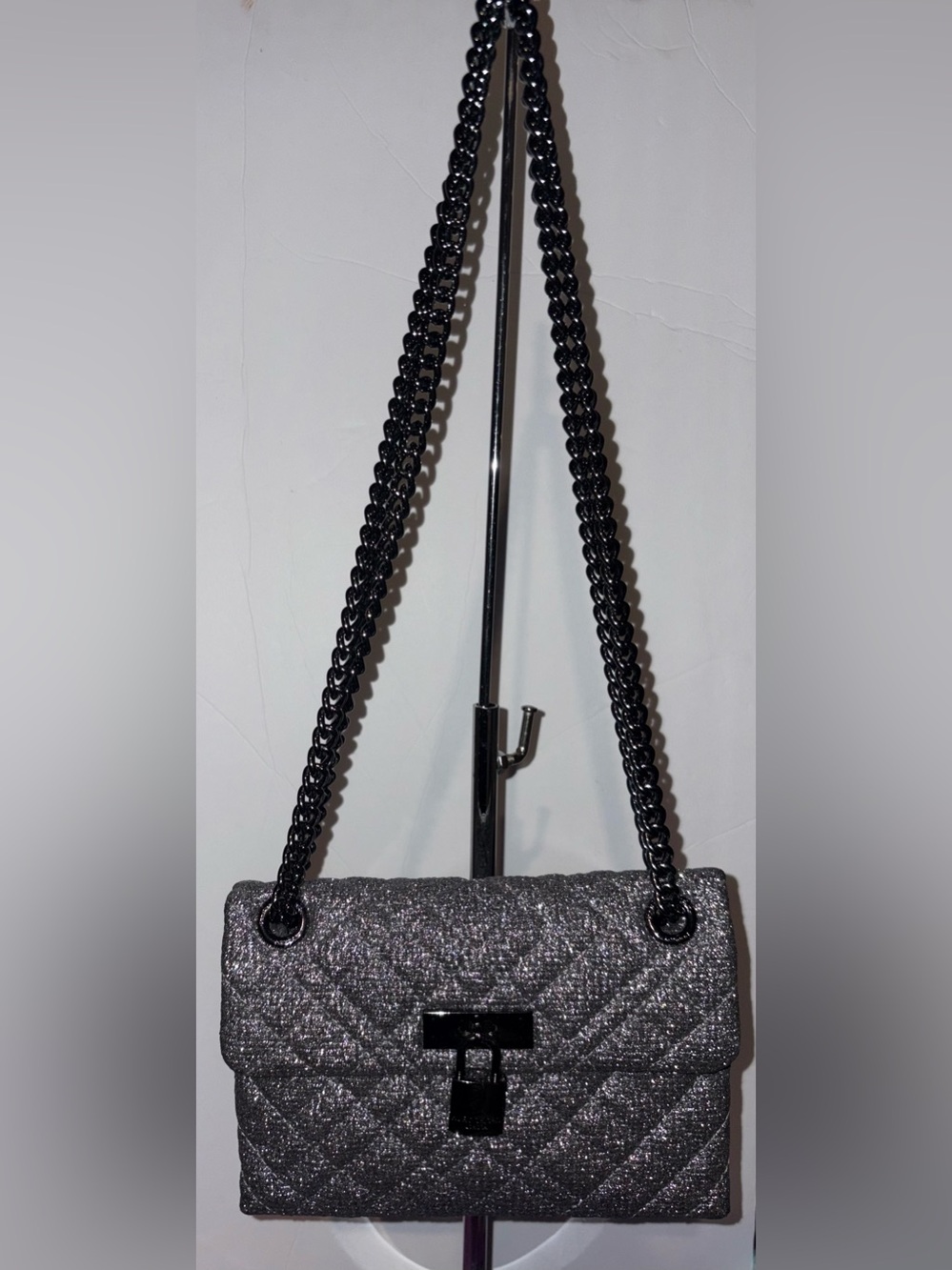 Kurt Geiger Black Glitter Quilted Chain-Handle Crossbody